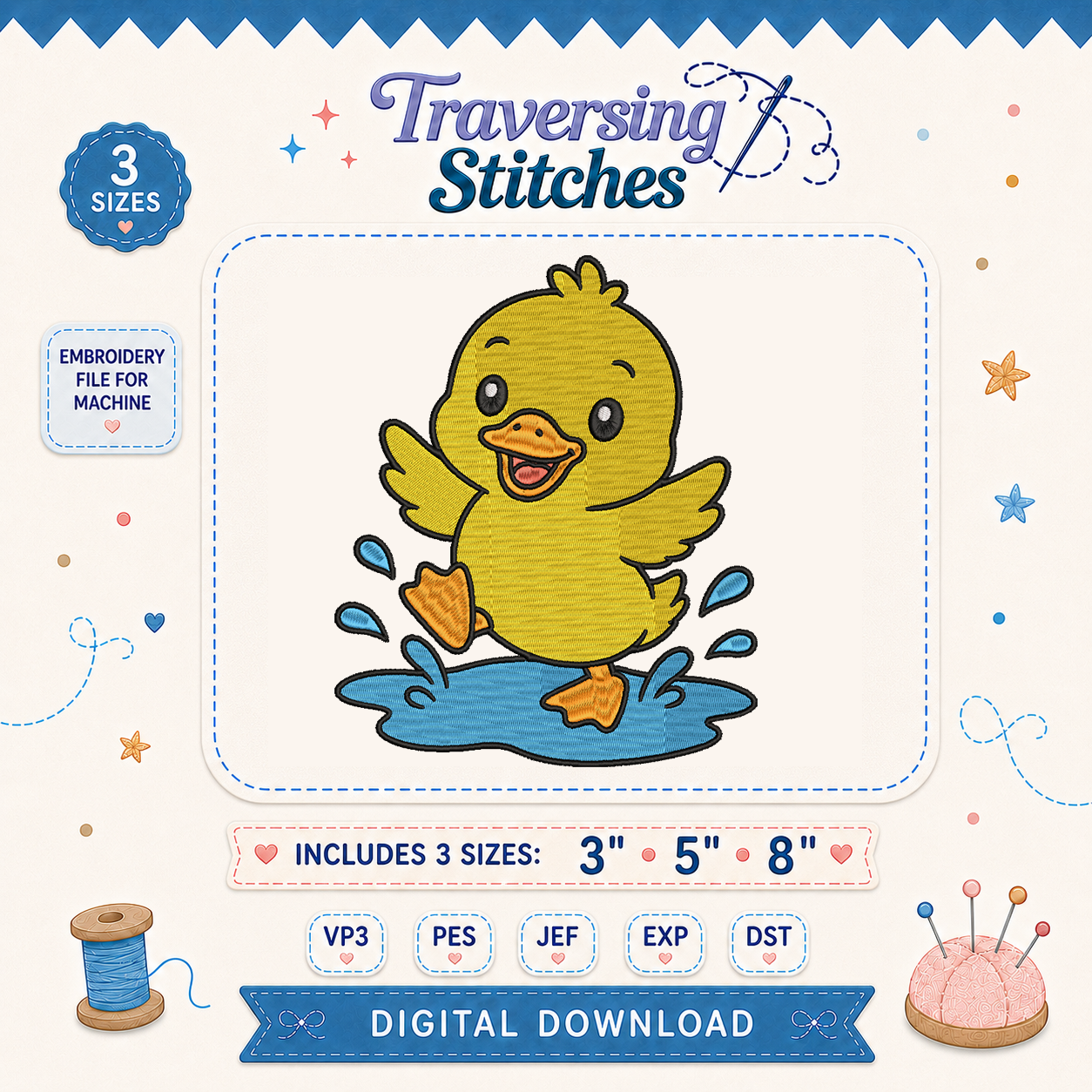 Cute Duck in Puddle Machine Embroidery Design – 3, 5 & 8 Inch Baby Duck File