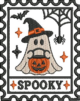 Ghost in witch hat holding jack-o'-lantern, with bat, spider, and "SPOOKY" text.