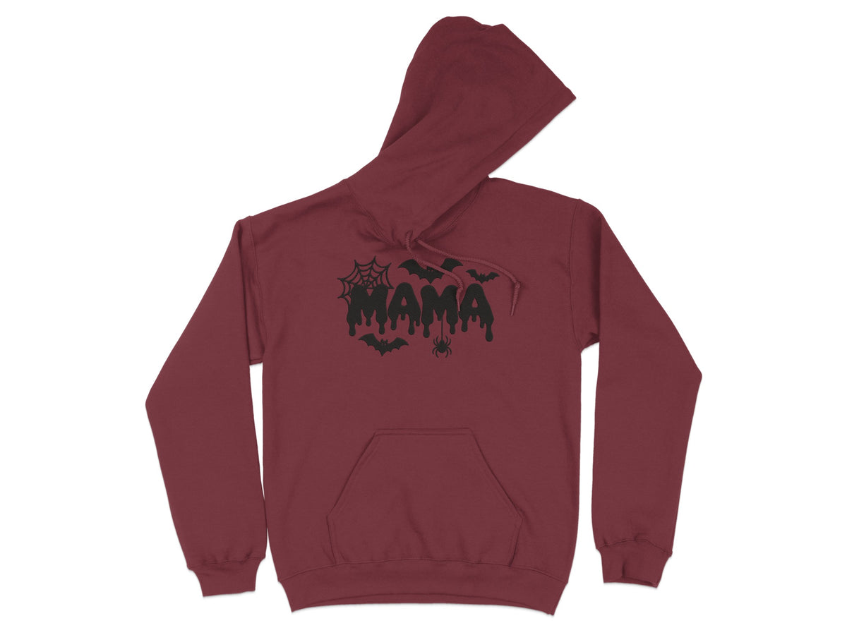 Burgundy hooded sweatshirt with black Halloween "Mama" graphic and bats.