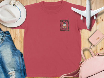 Red t-shirt with a ghost in a witch hat and pumpkin graphic, text "SPOOKY".