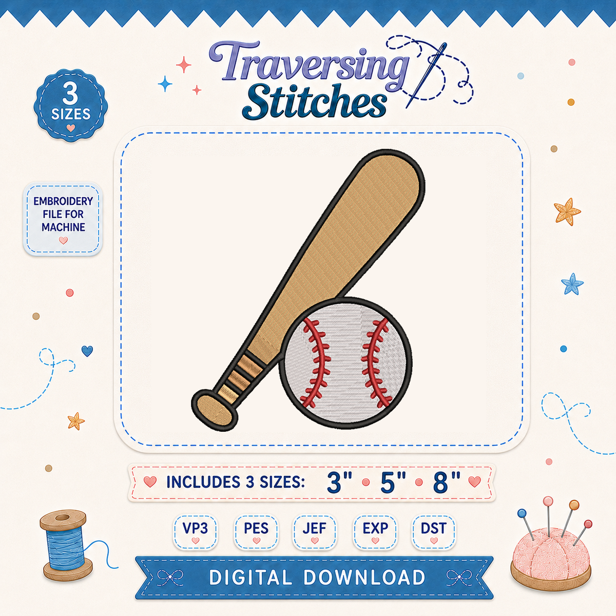 Baseball Bat and Ball Machine Embroidery Design – 3, 5 & 8 Inch Sports Embroidery File