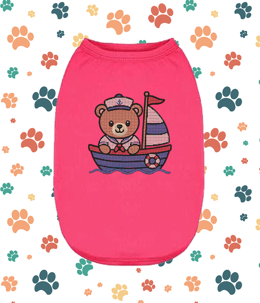 Embroidered Cross Stitch Bear Boat – Cute Puppy Small Pet Apparel