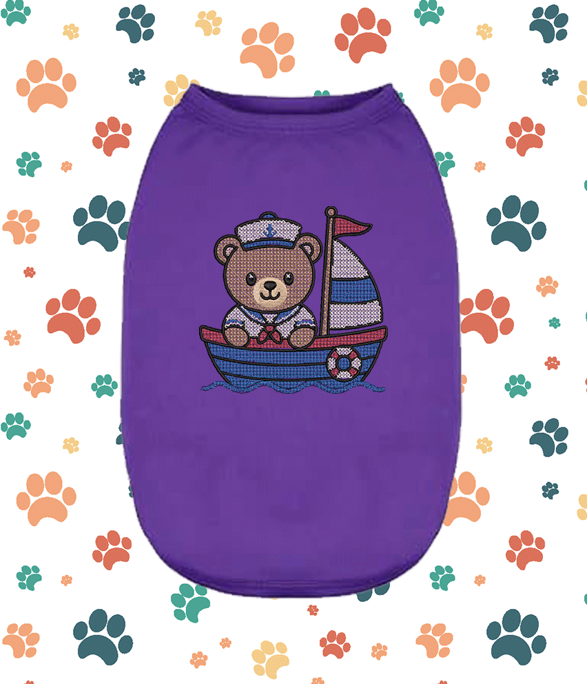 Embroidered Cross Stitch Bear Boat – Cute Puppy Small Pet Apparel