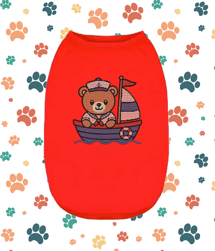 Embroidered Cross Stitch Bear Boat – Cute Puppy Small Pet Apparel