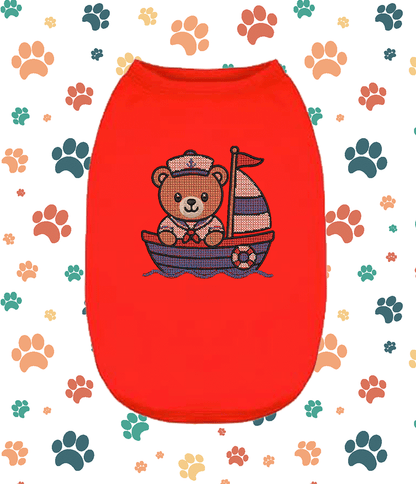 Embroidered Cross Stitch Bear Boat – Cute Puppy Small Pet Apparel