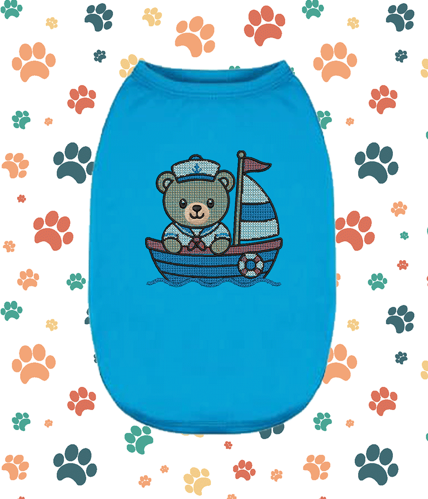 Embroidered Cross Stitch Bear Boat – Cute Puppy Small Pet Apparel