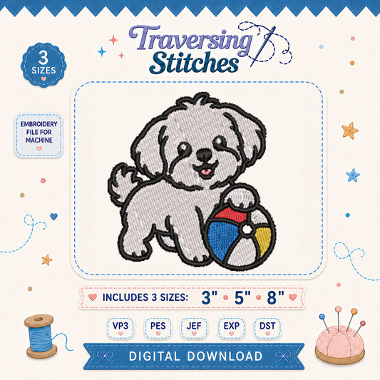 Cute Maltese Dog Beach Ball Machine Embroidery Design – 3, 5 & 8 Inch Puppy File