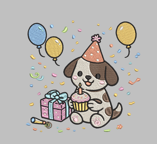 Birthday Puppy Embroidery Design – Cute Dog Birthday Digital File (Multiple Formats)