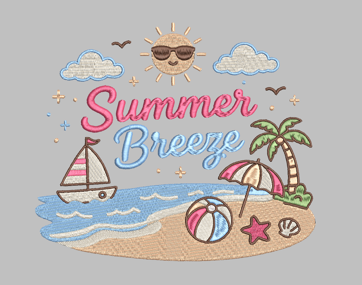 Summer Breeze Embroidery Design – Cute Summer Digital File (Multiple Formats)