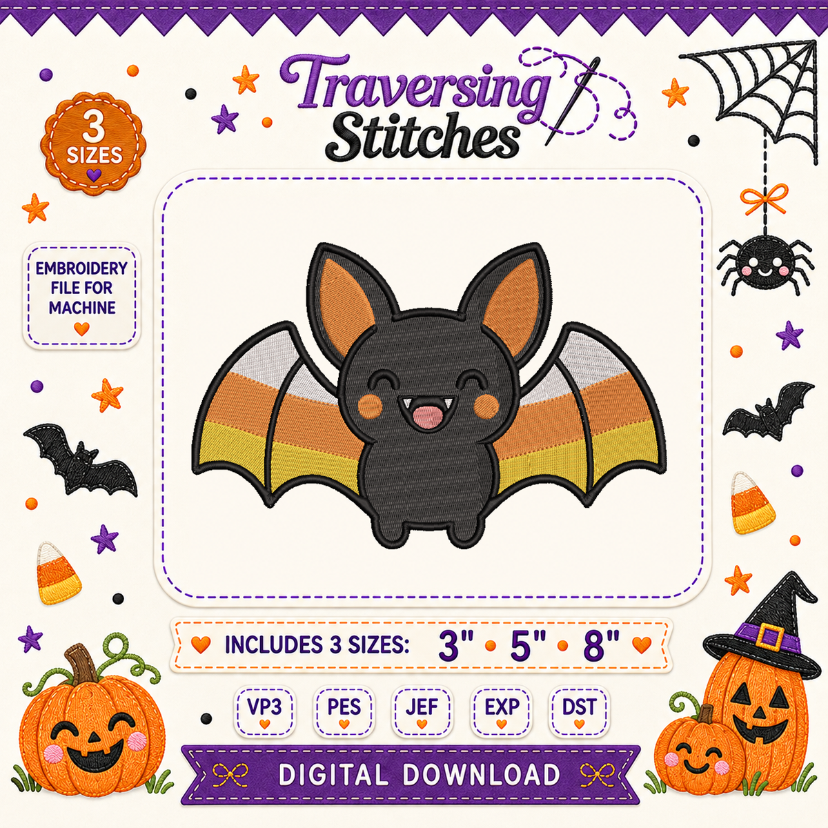 Candy Corn Bat Machine Embroidery Design – 3, 5 & 8 Inch Fourth of July File