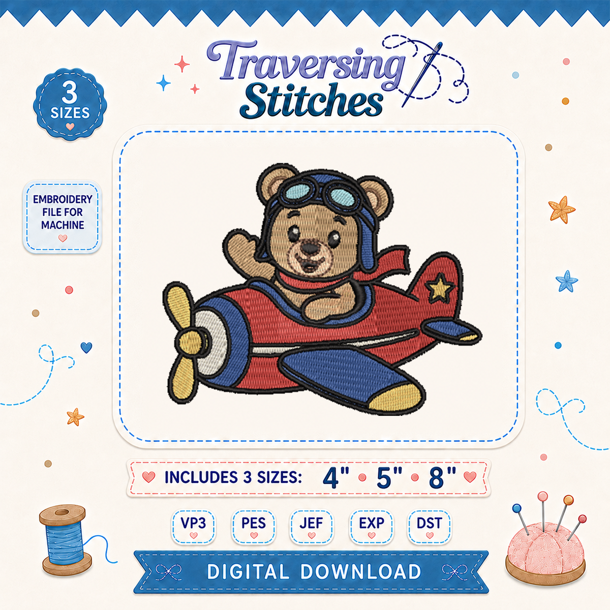 Aviator Bear Airplane Machine Embroidery Design – 4, 5 & 8 Inch Pilot Teddy File