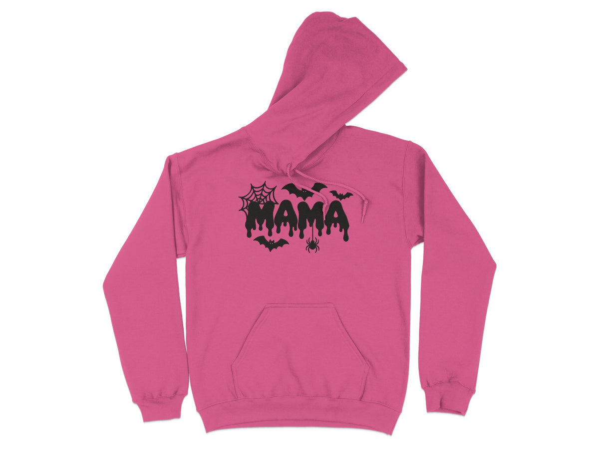 Pink hoodie with black "MAMA" text, bats, spider, and web graphic.