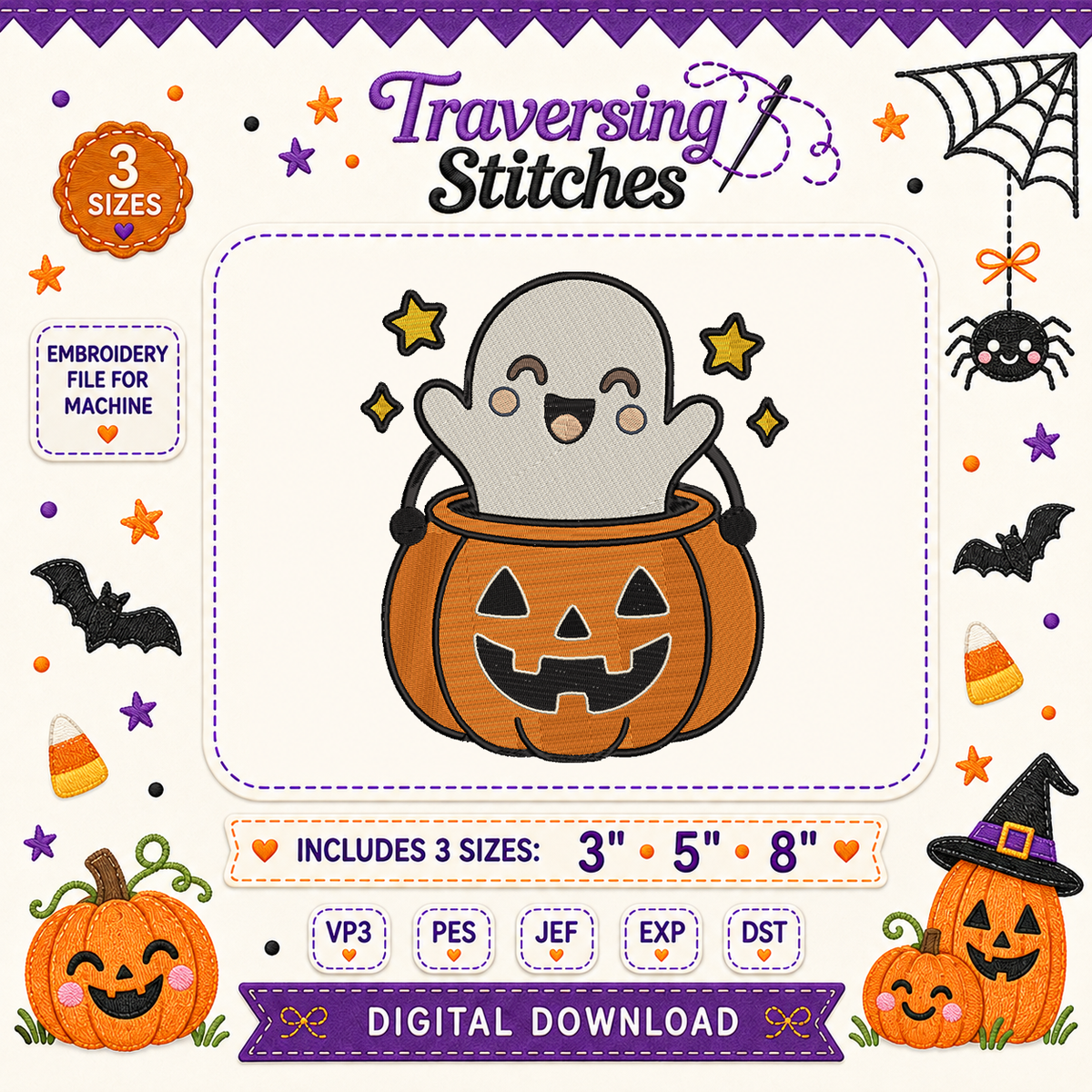 Ghost in Pumpkin Machine Embroidery Design – 3, 5 & 8 Inch Halloween