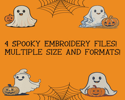 Ghost with Pumpkin 4 FILES! Embroidery Design, Halloween Embroidery Design, 3 sizes, Instant Download