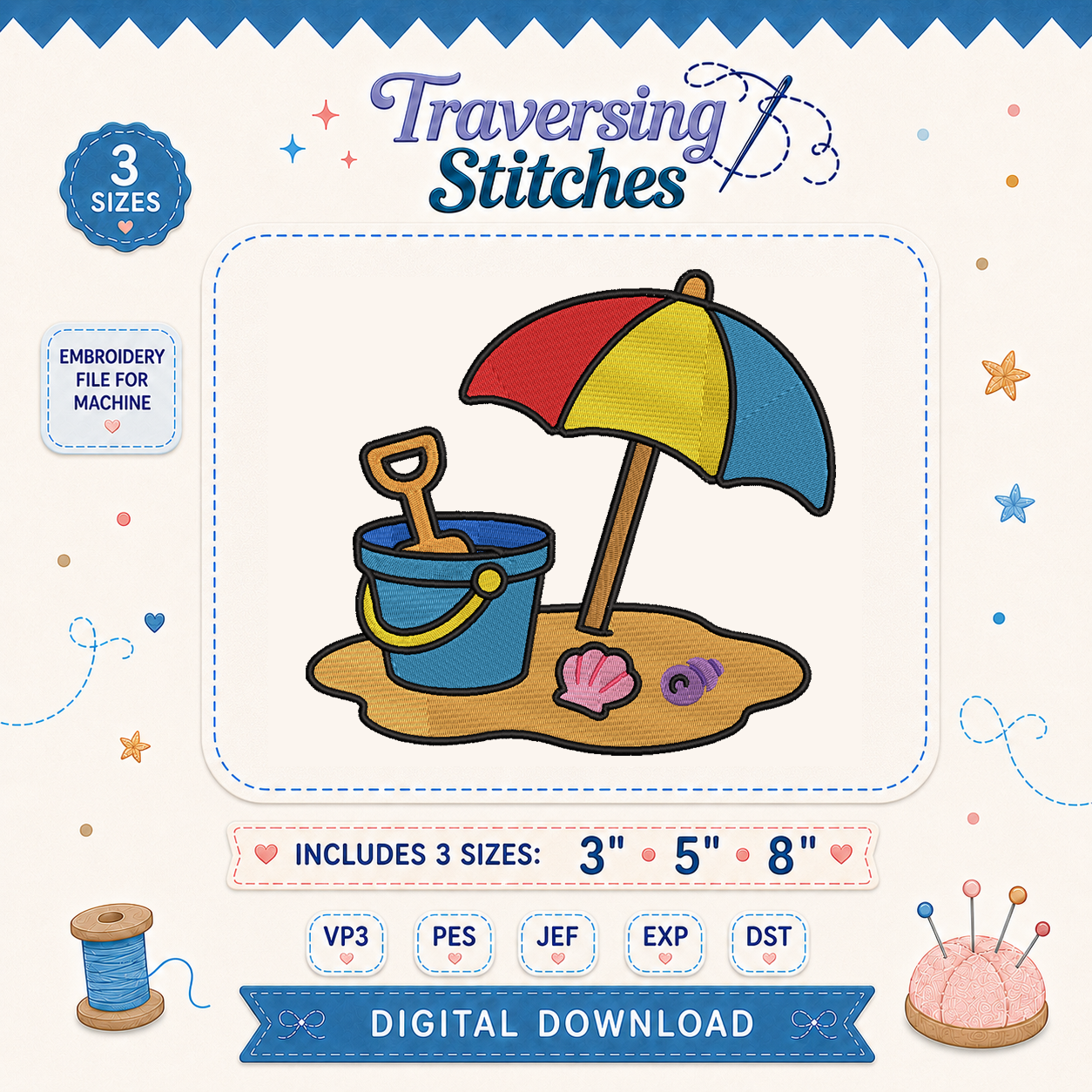 Beach Bucket and Umbrella Machine Embroidery Design – 3, 5 & 8 Inch Summer File